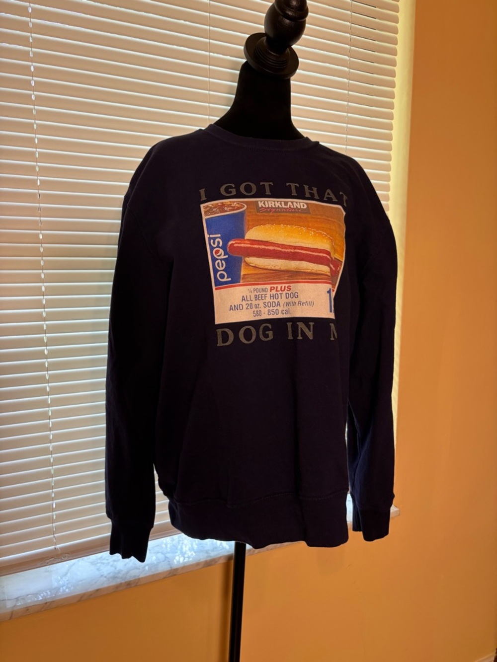 Kirkland Signature Navy Graphic Crewneck Sweatshirt with Hot Dog & Pepsi Print